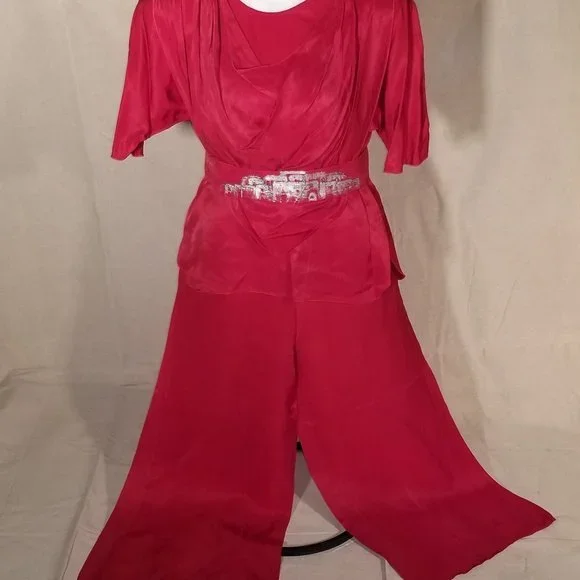 Red Silk Pant Suit w Silver detail belt (S)